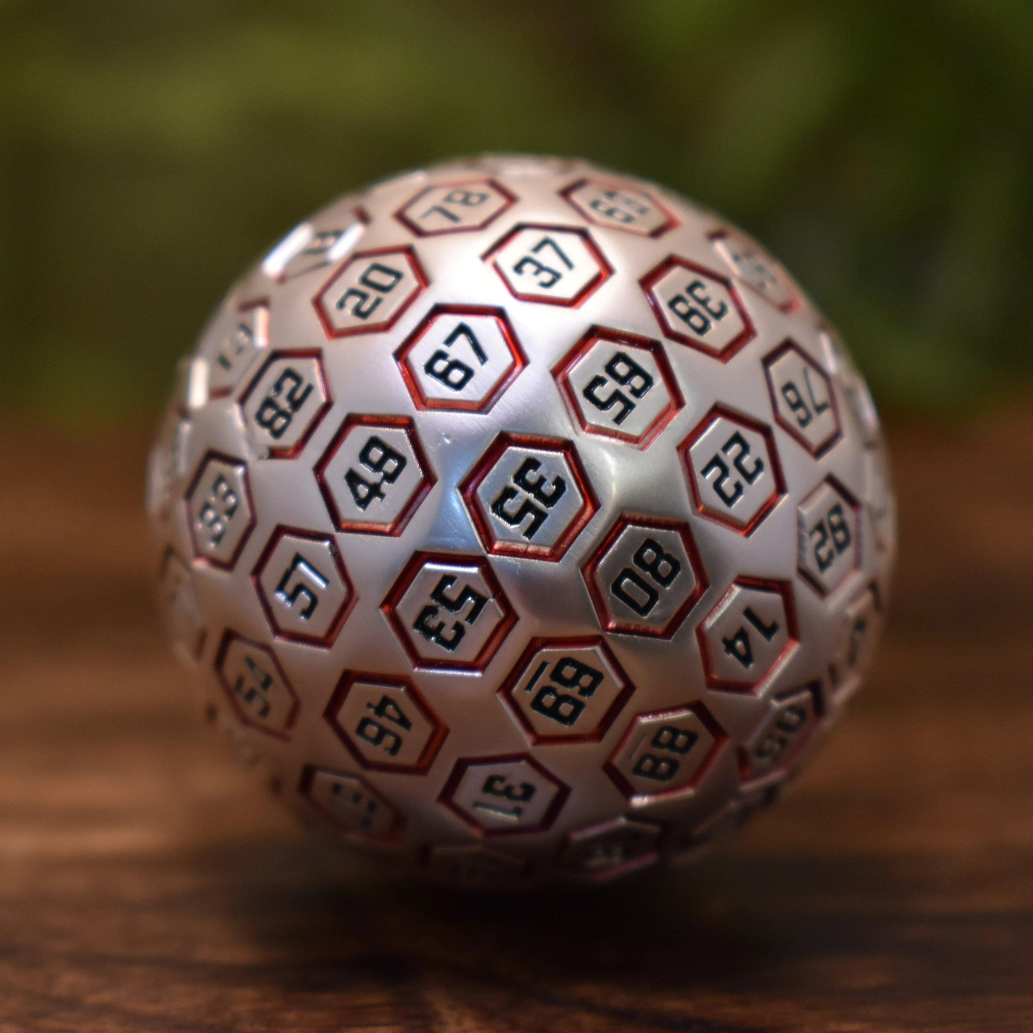 The Orb D100 - Red and Matte Silver Metal Die - Misty Mountain Gaming - 2