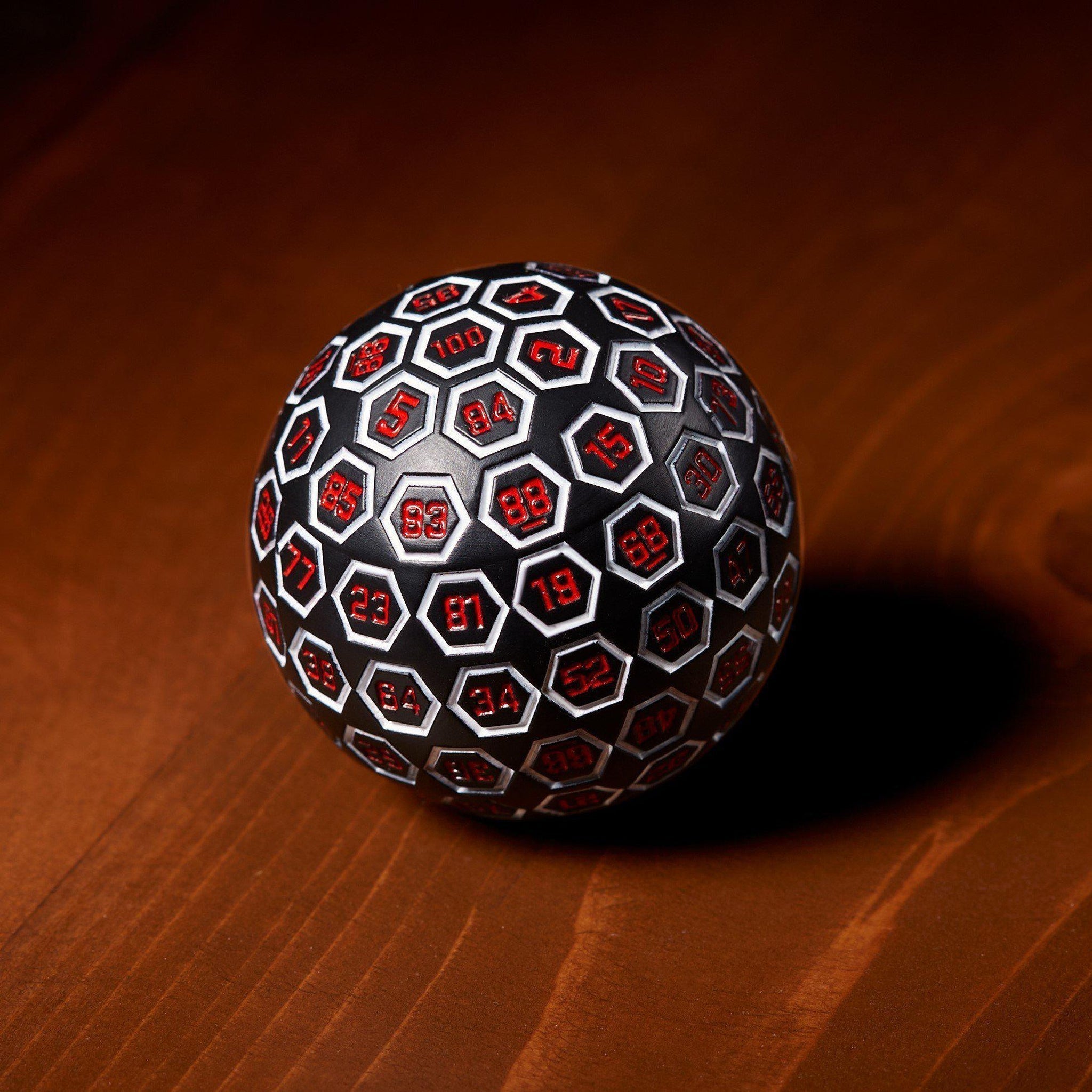 The Orb D100 - White, Red, and Black Metal Die - Misty Mountain Gaming - 1