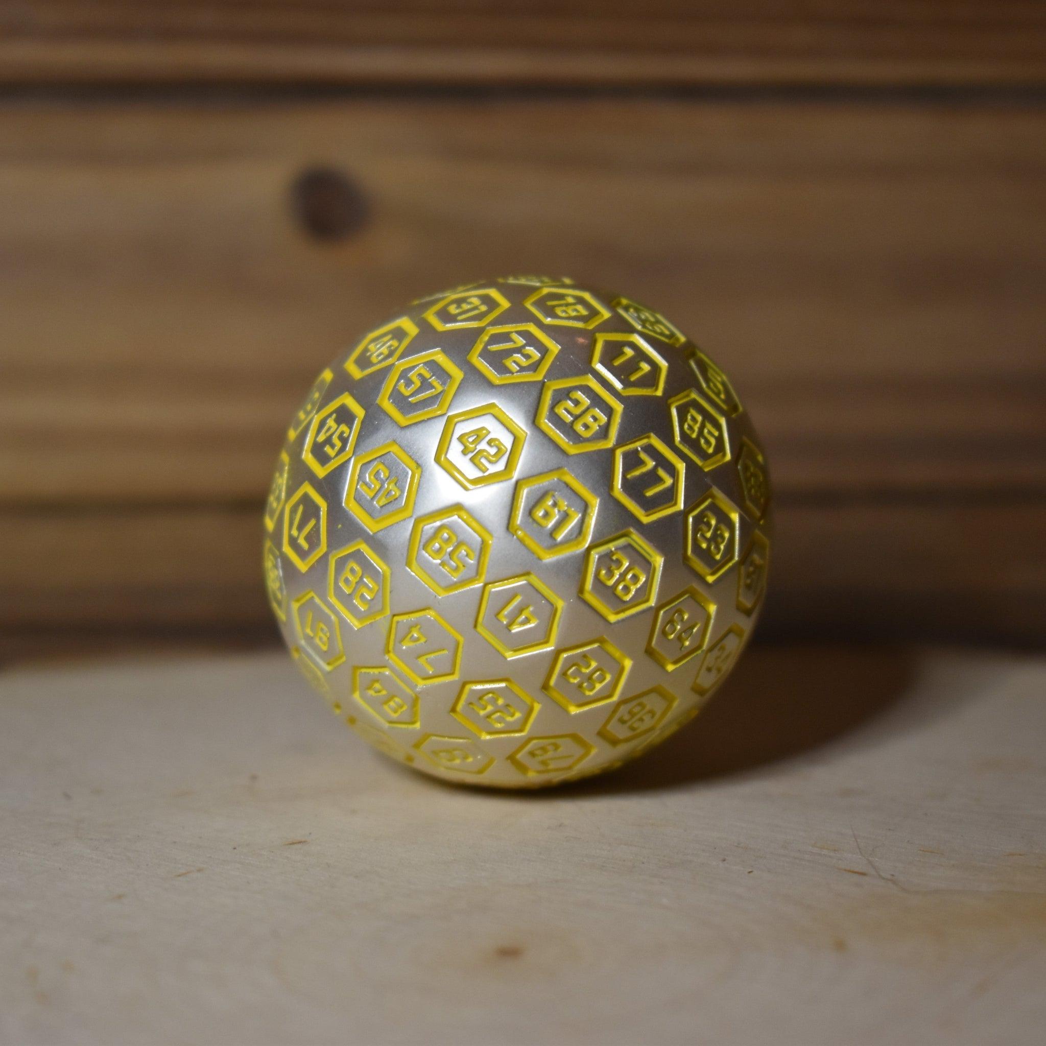 The Orb D100 - Yellow and Silver Metal Die - Misty Mountain Gaming - 1