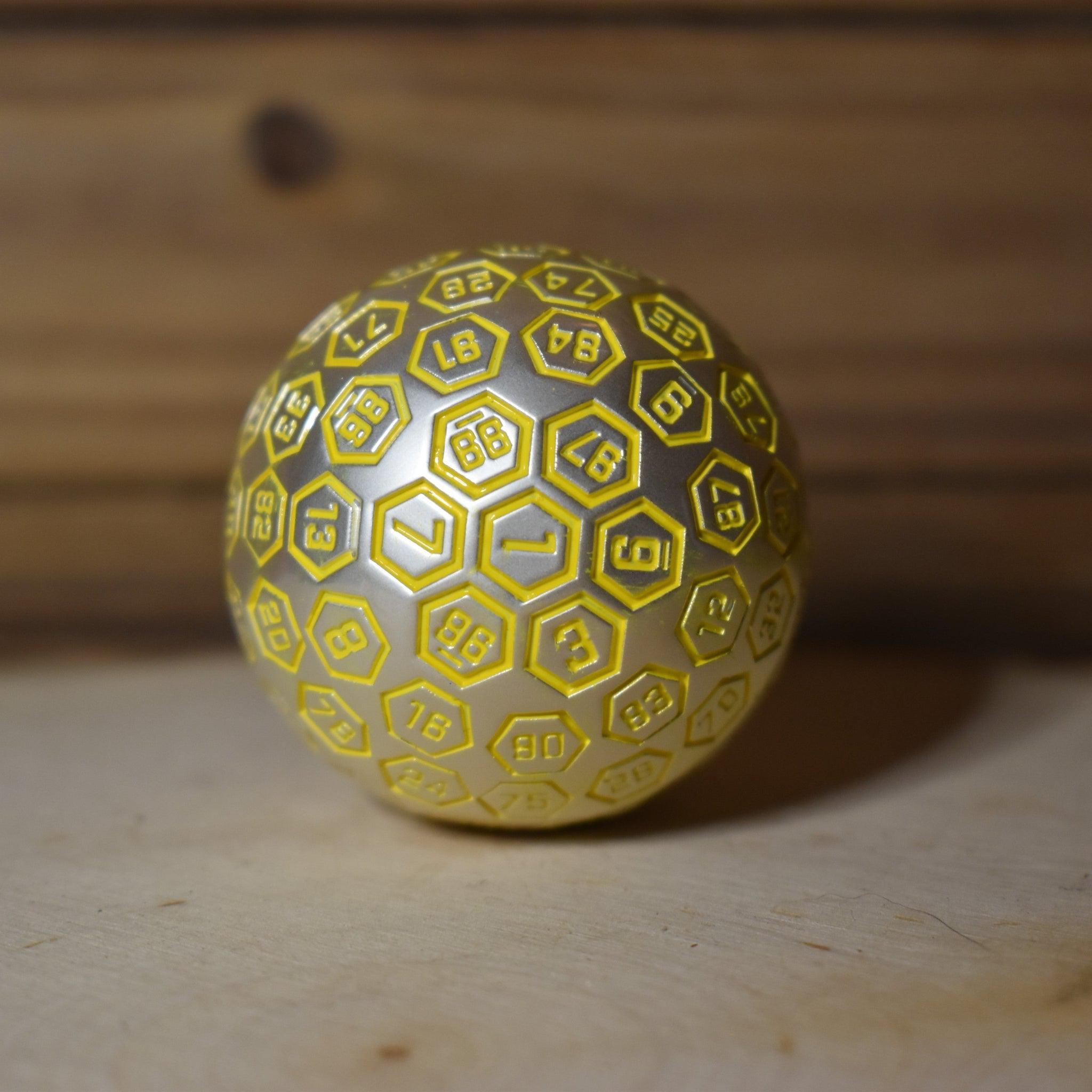 The Orb D100 - Yellow and Silver Metal Die - Misty Mountain Gaming - 2