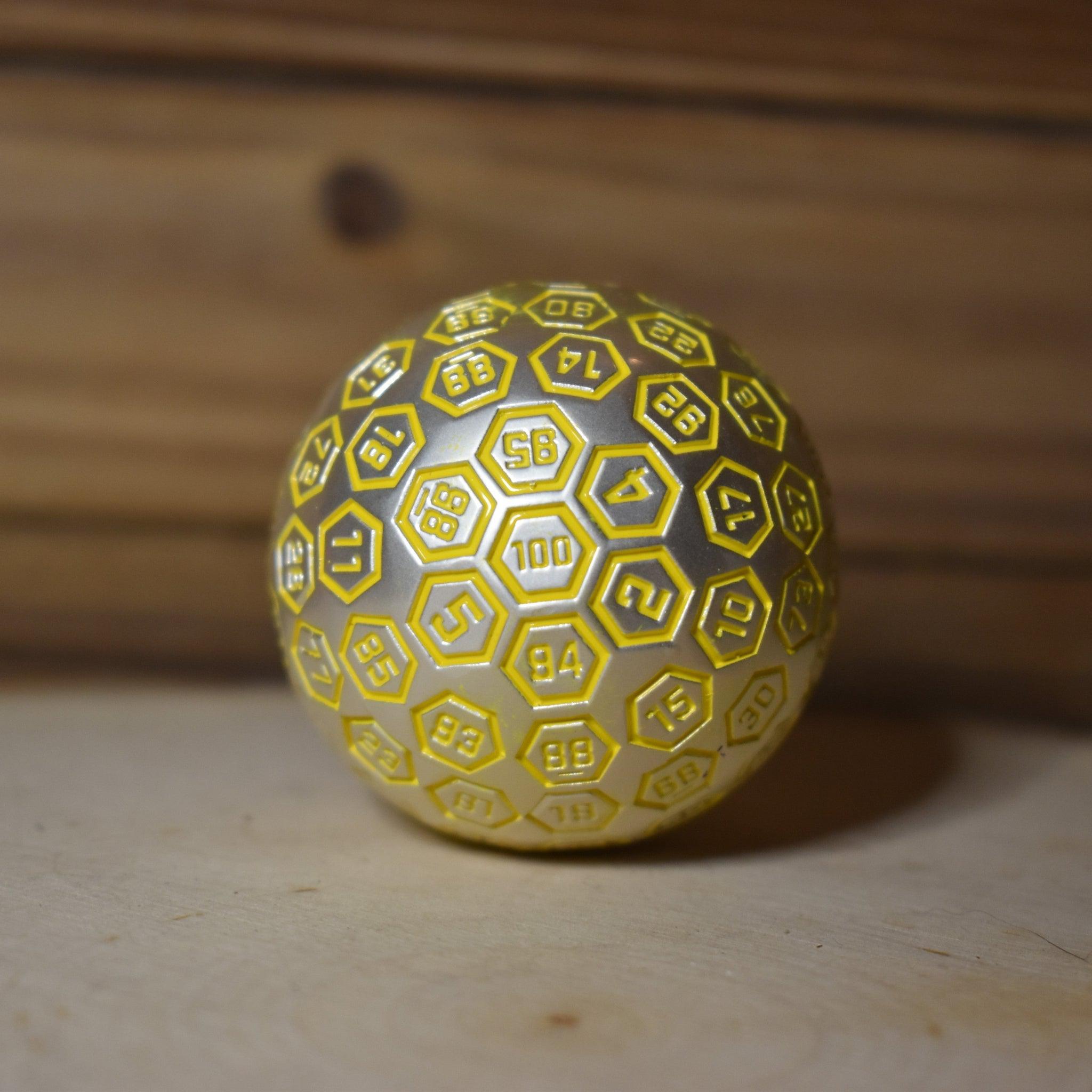 The Orb D100 - Yellow and Silver Metal Die - Misty Mountain Gaming - 3