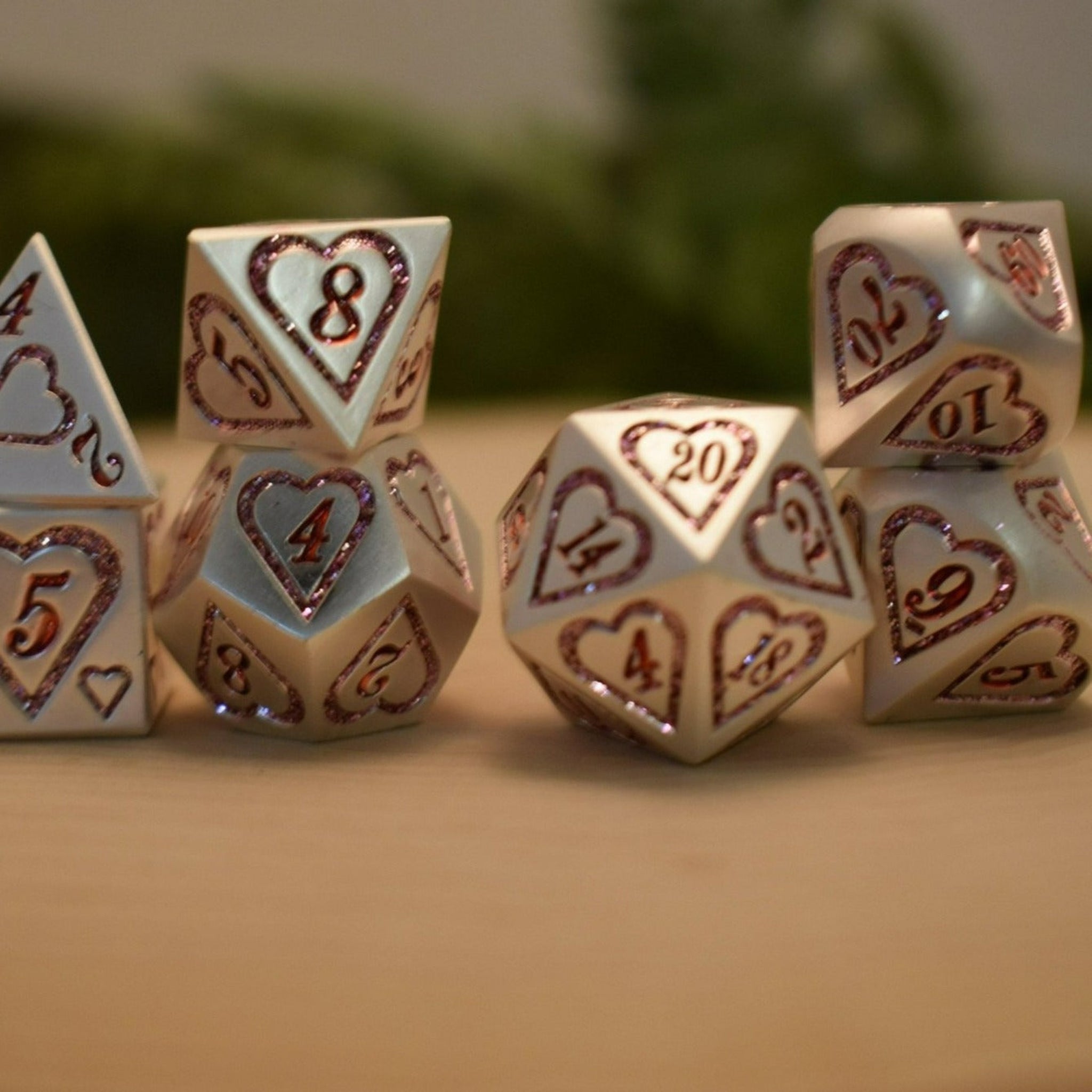 Valentine Pink and Silver Heart Metal Dice Set - Misty Mountain Gaming - 1