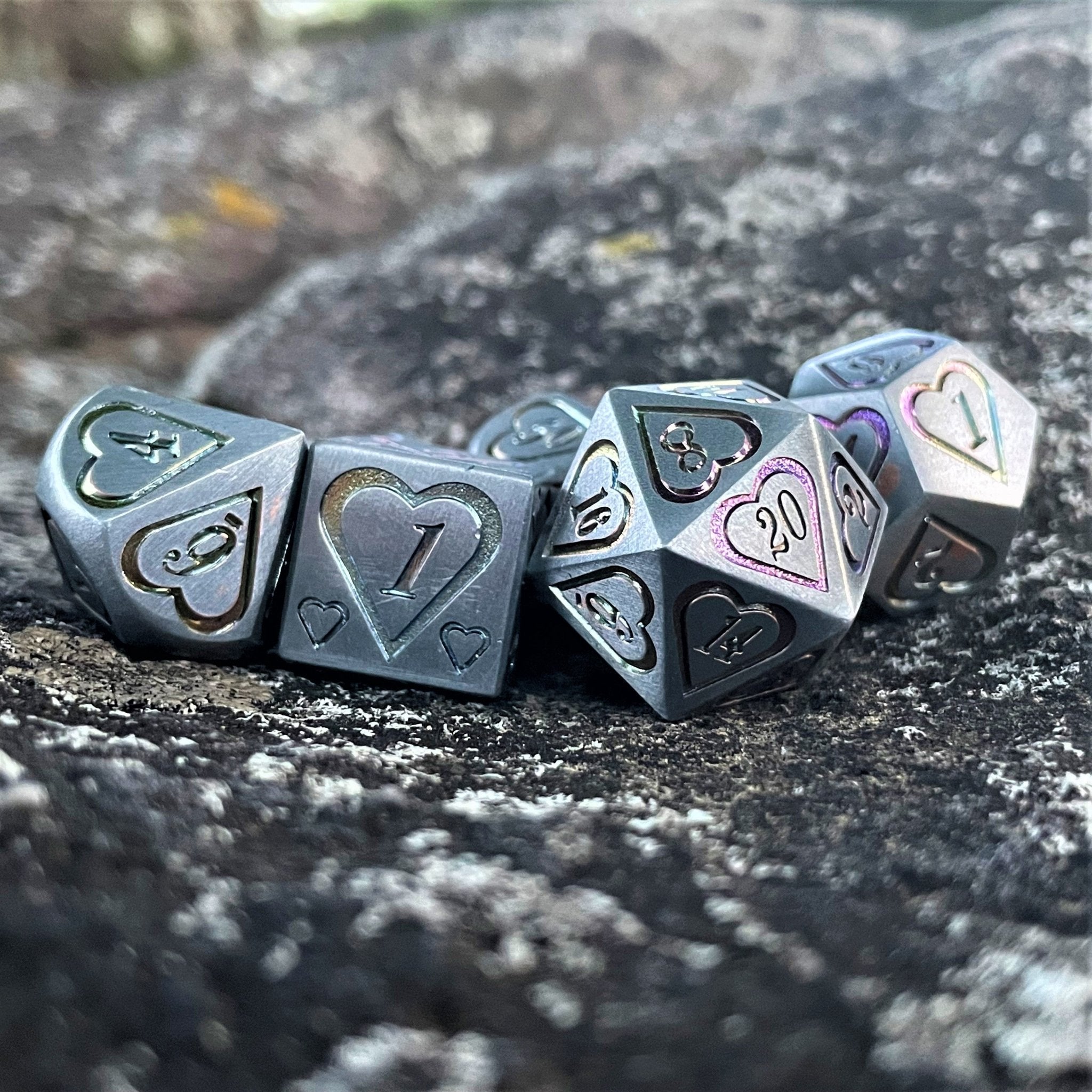 Valentine Silver and Iridescent Heart Metal Dice Set - Misty Mountain Gaming - 2