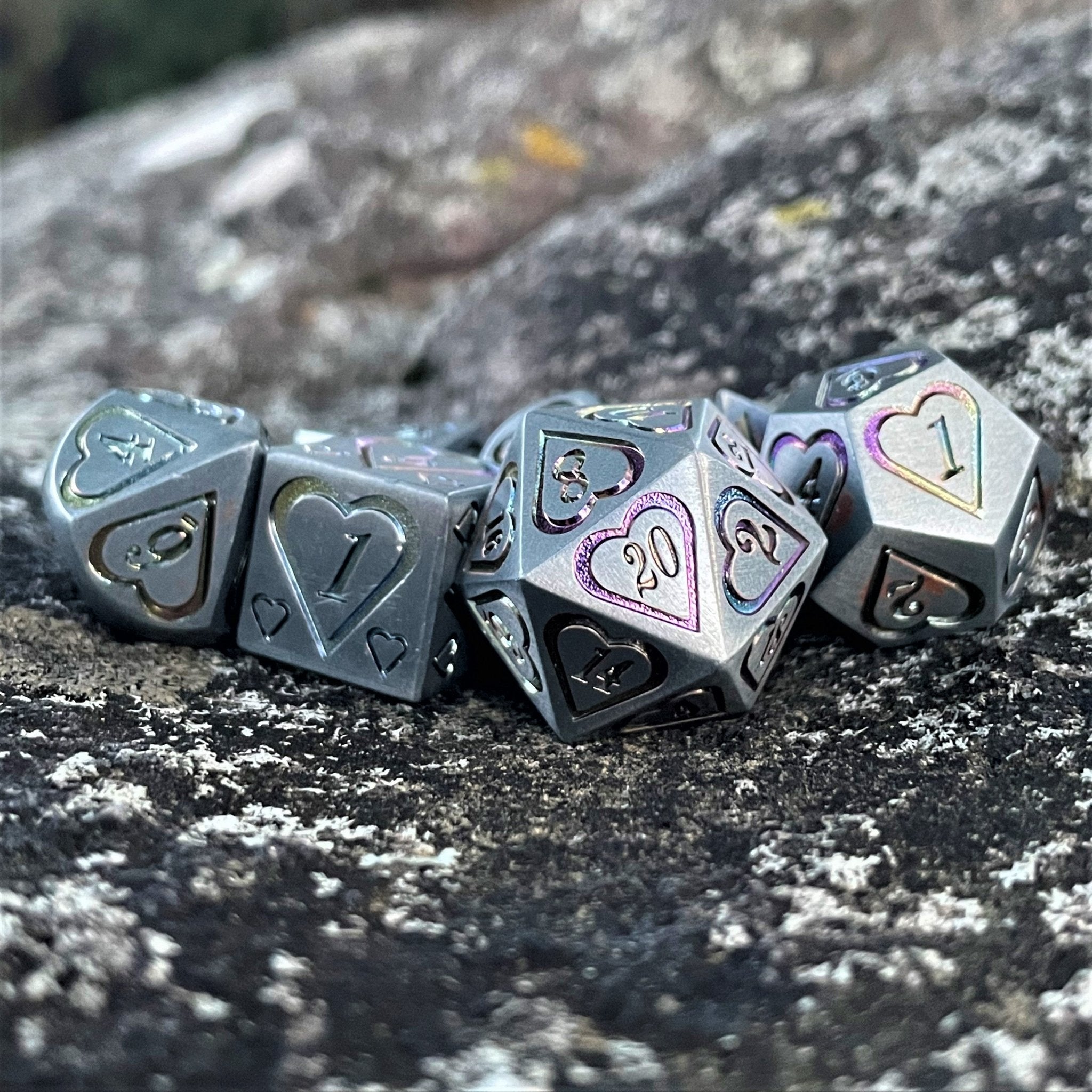 Valentine Silver and Iridescent Heart Metal Dice Set - Misty Mountain Gaming - 1