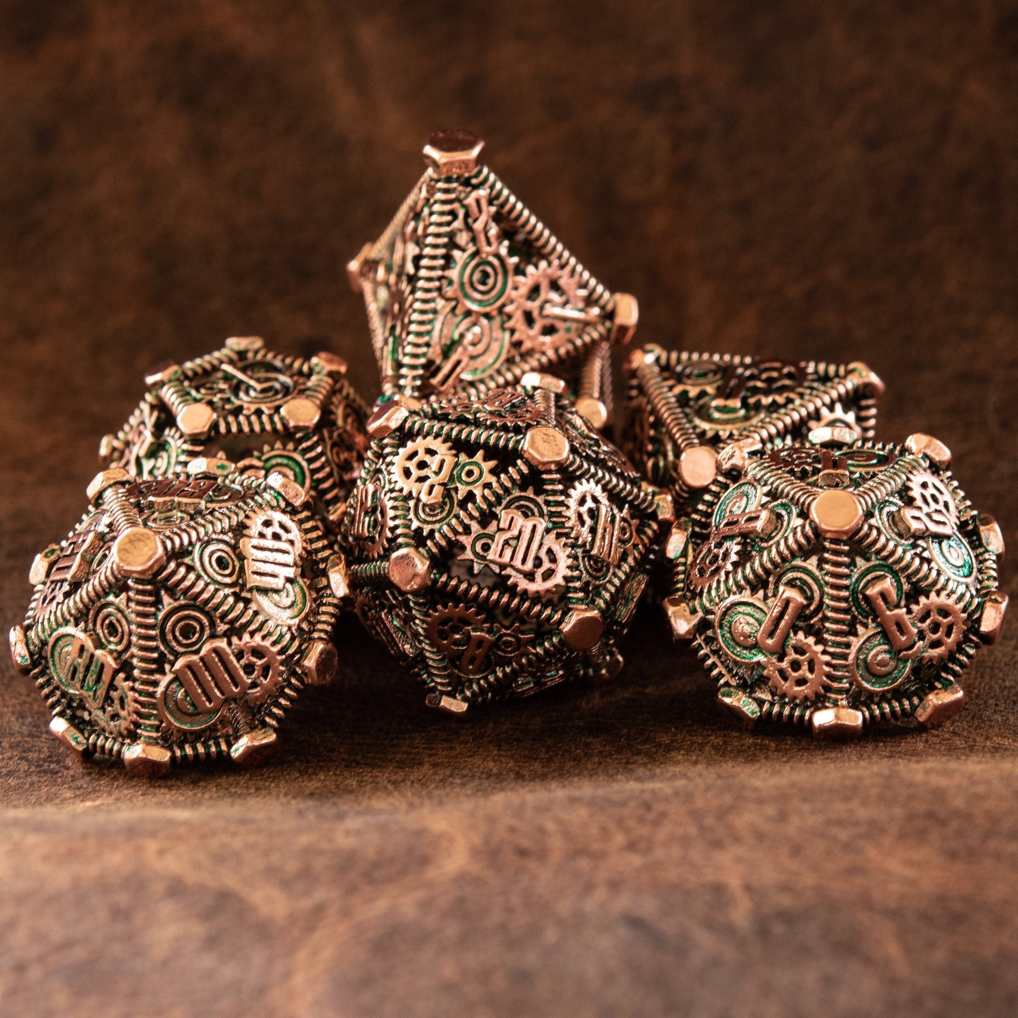 Weird West Wasteland Hollow Metal Dice Set - Green and Bronze - Misty Mountain Gaming - 1