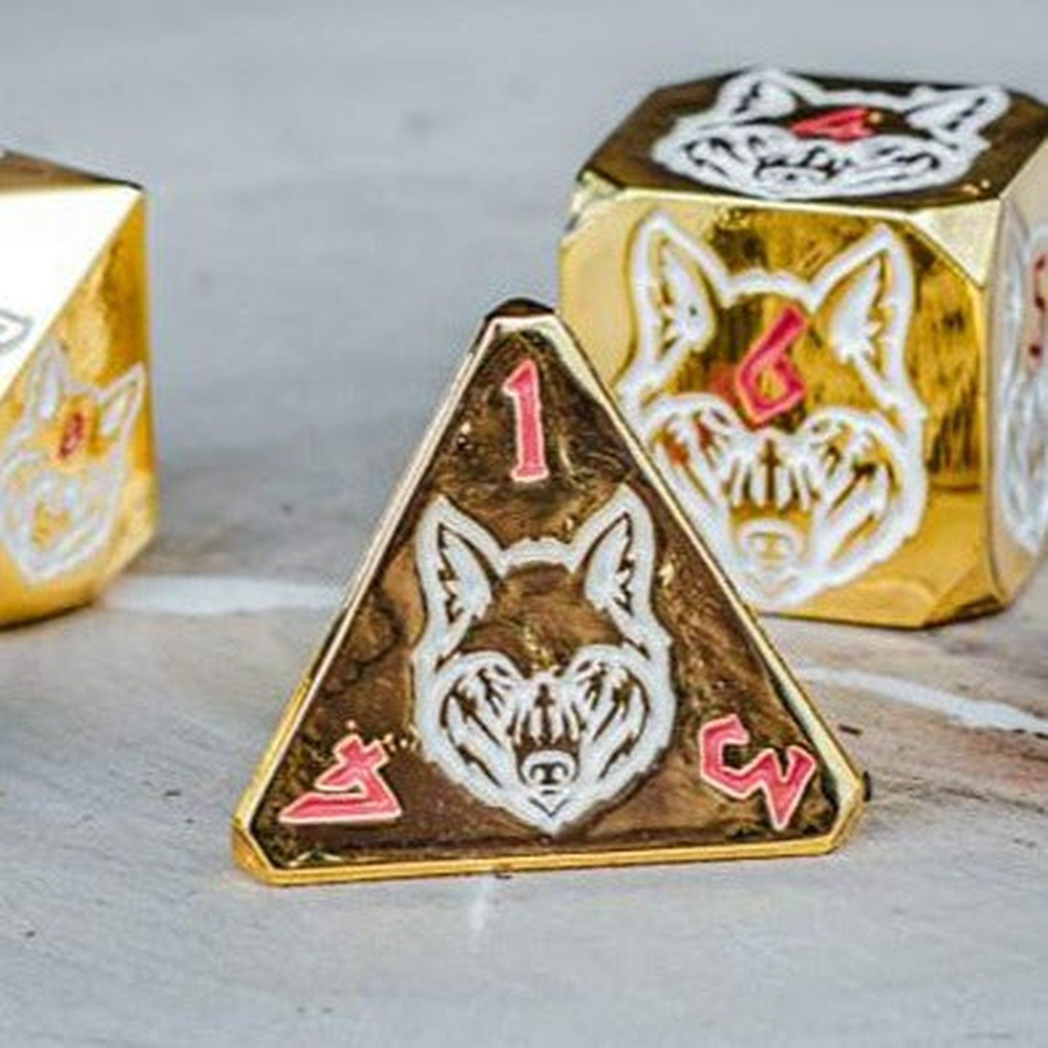 Wolves' Den Red, White, and Gold Metal Dice Set - Misty Mountain Gaming - 2