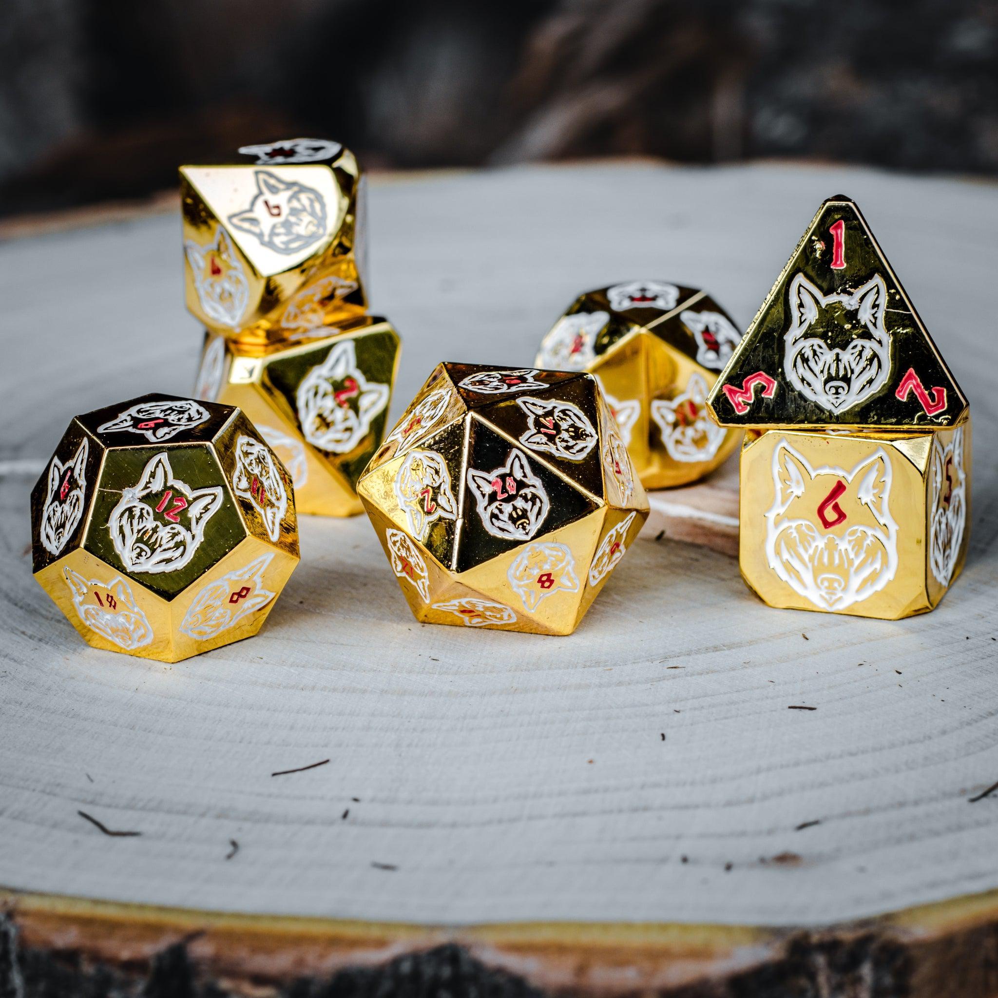 Wolves' Den Red, White, and Gold Metal Dice Set - Misty Mountain Gaming - 1