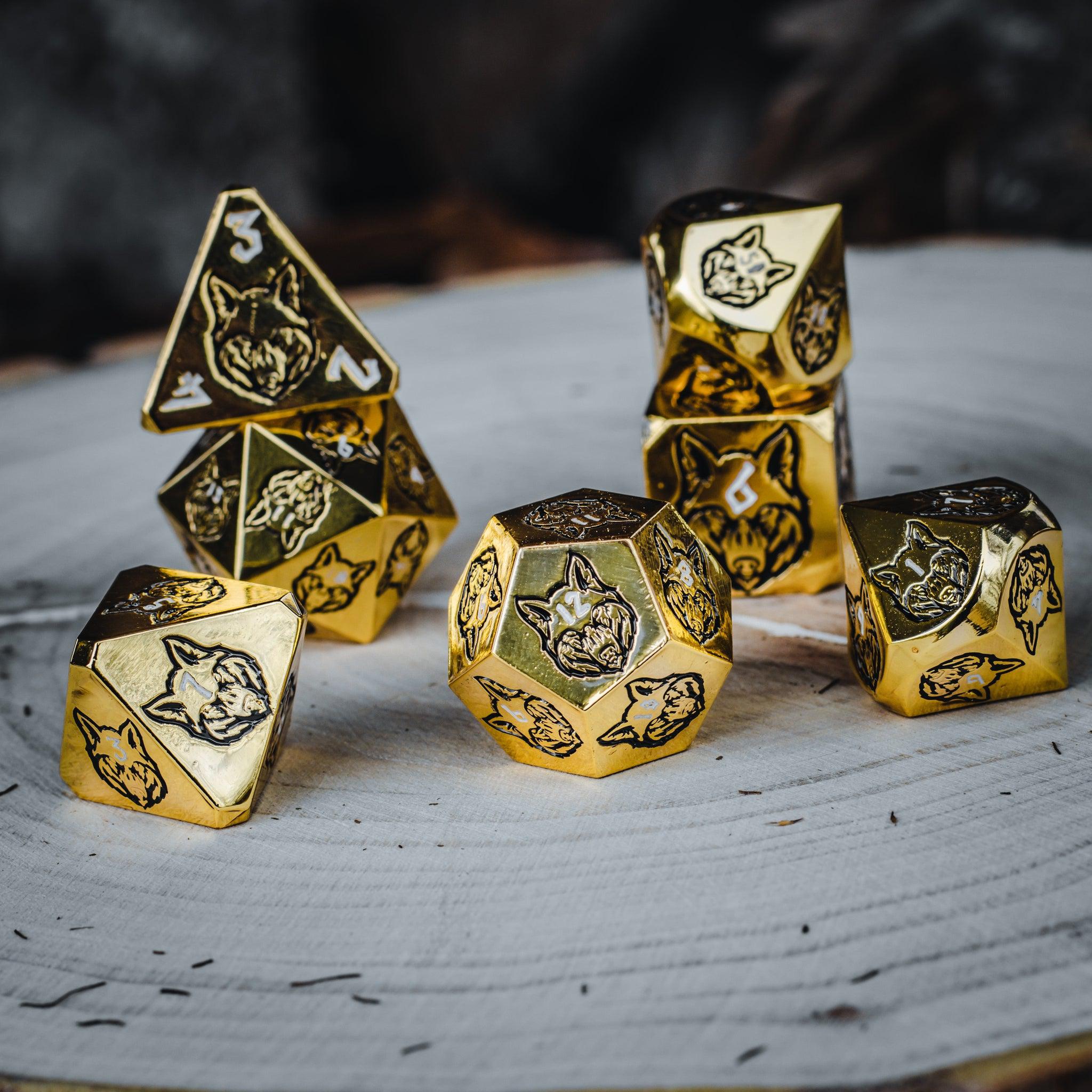 Wolves' Den White, Black, and Gold Metal Dice Set - Misty Mountain Gaming - 1