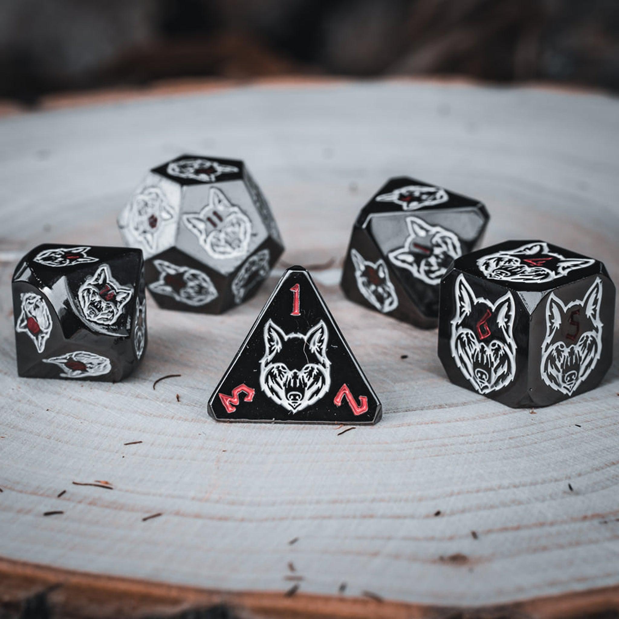 Wolves' Den White, Red, and Black Metal Dice Set - Misty Mountain Gaming - 4