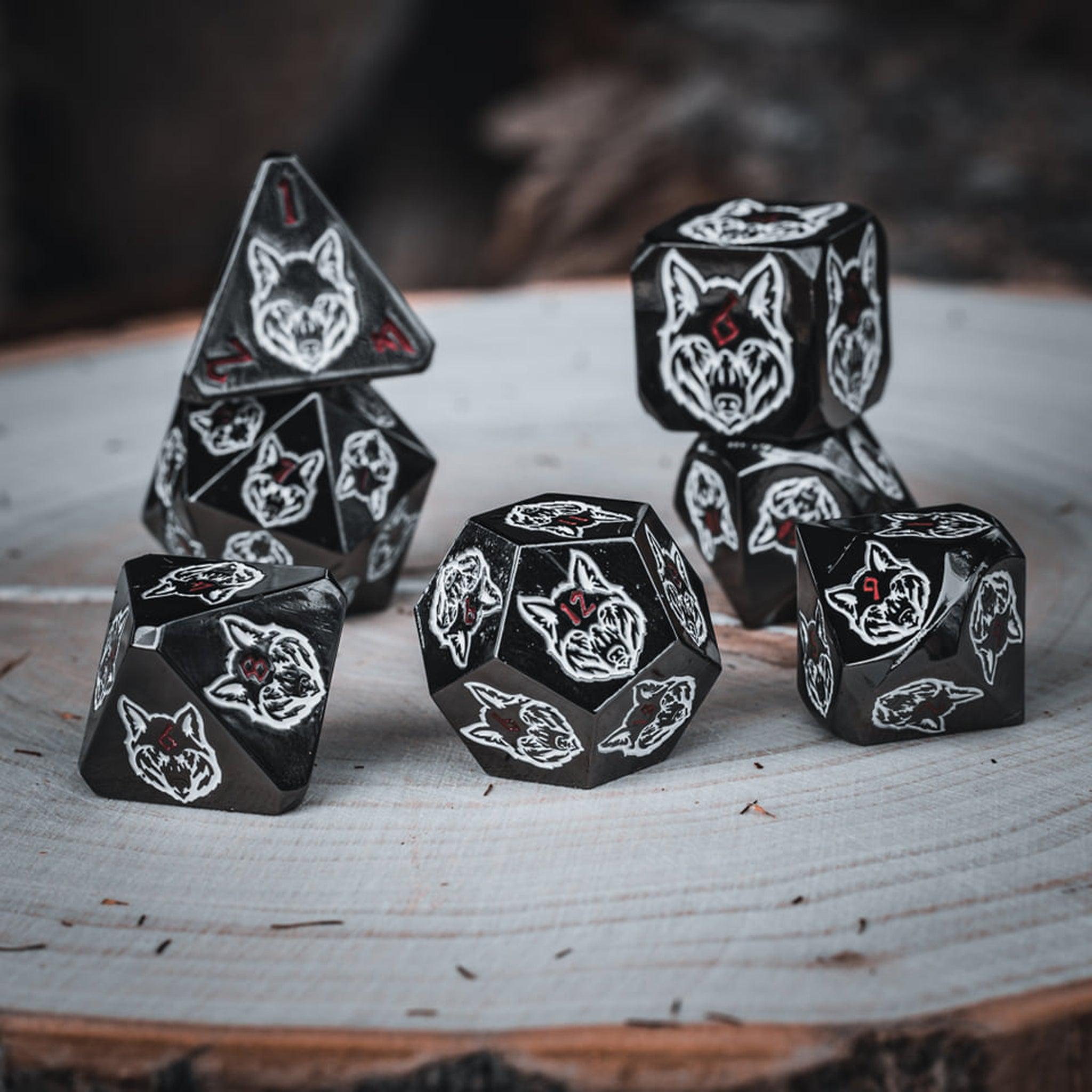 Wolves' Den White, Red, and Black Metal Dice Set - Misty Mountain Gaming - 1