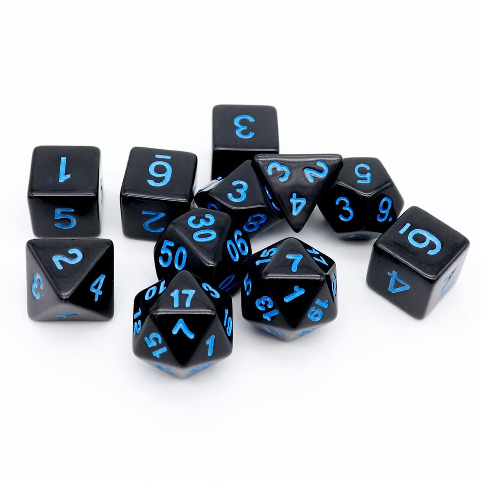 Black Dice with Blue Numbers, 11-Piece Set - Haxtec - 2