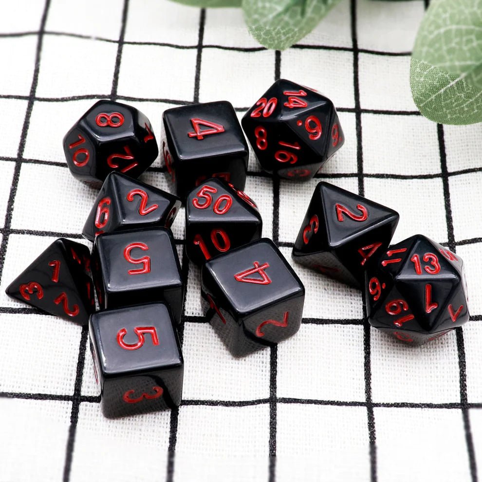 Black Dice with Red Numbers, 11-Piece Set - Haxtec - 2