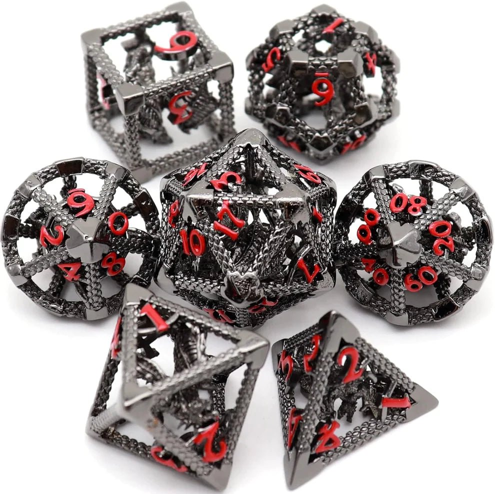 Flying Dragon Hollow Dice Set - Silver Red Numbers - Haxtec - 1