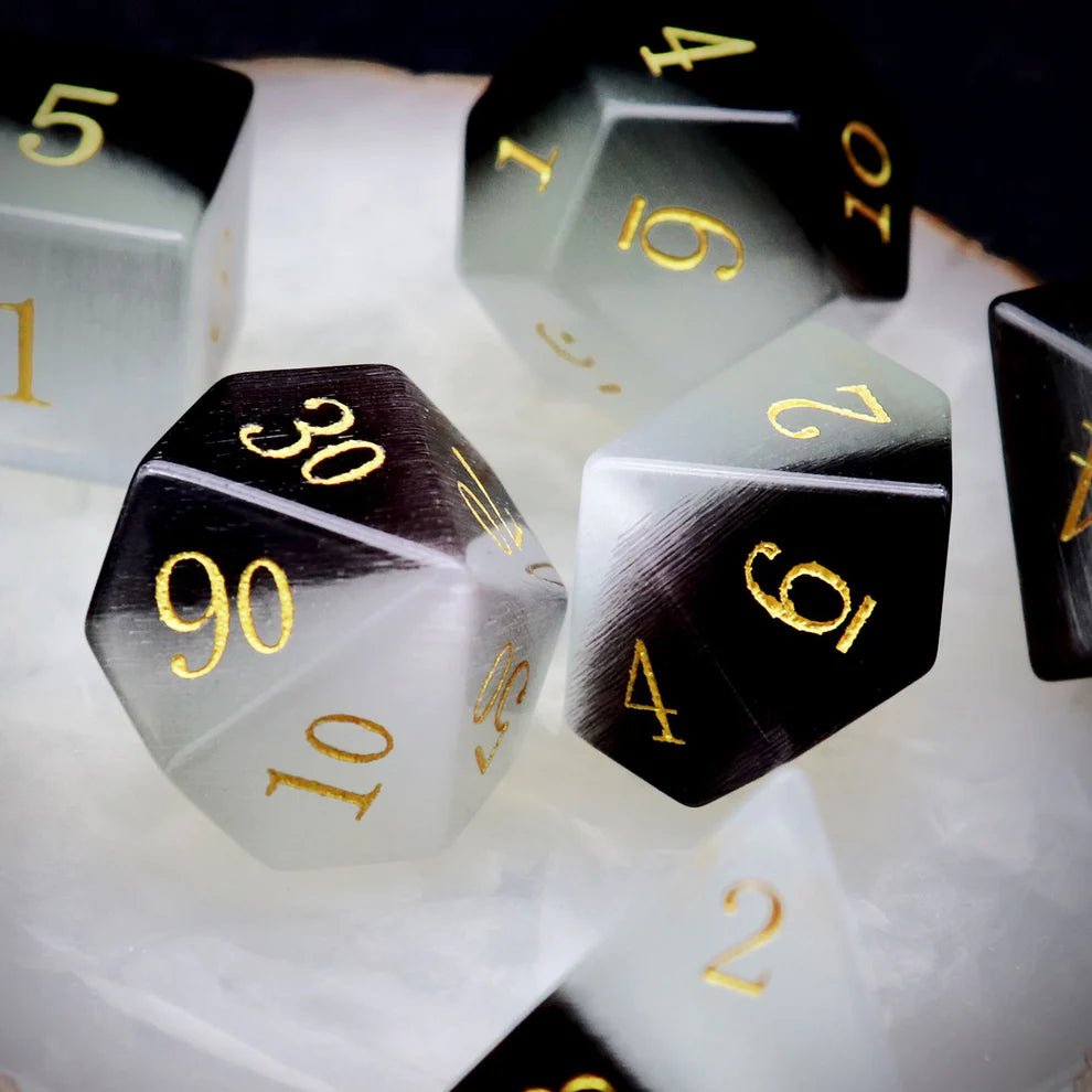 Gemstone: Black White Cat Eye Gold Numbers Dice Set - Haxtec - 2