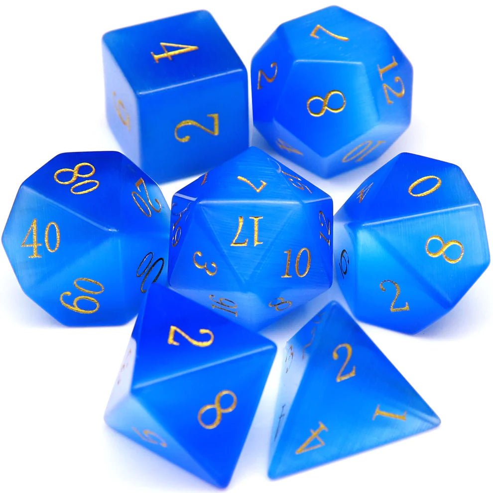 Gemstone: Blue Cat Eye Gold Numbers Dice Set - Haxtec - 1