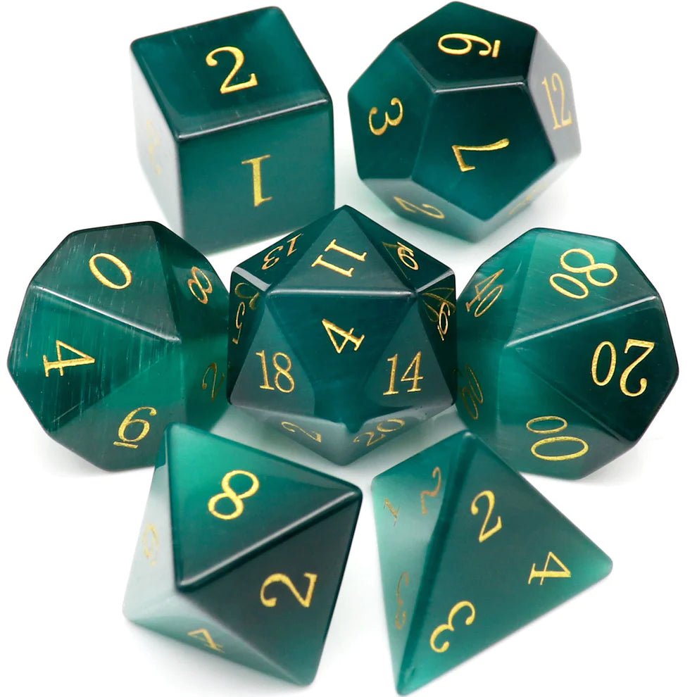 Gemstone: Green Cat Eye Gold Numbers Dice Set - Haxtec - 1