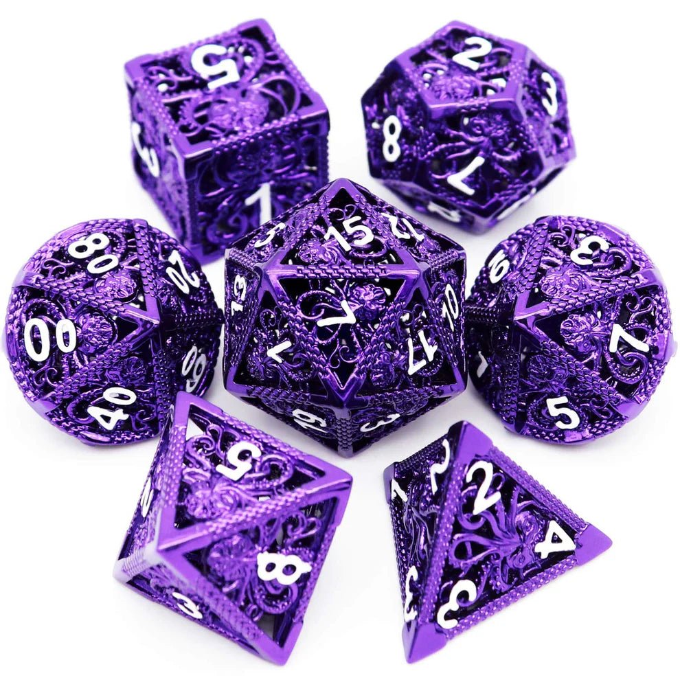 Kraken: Hollow Metal Dice Set, Purple White Numbers - Haxtec - 1