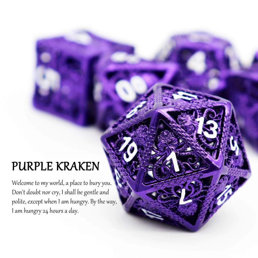 Kraken: Hollow Metal Dice Set, Purple White Numbers - Haxtec - 3